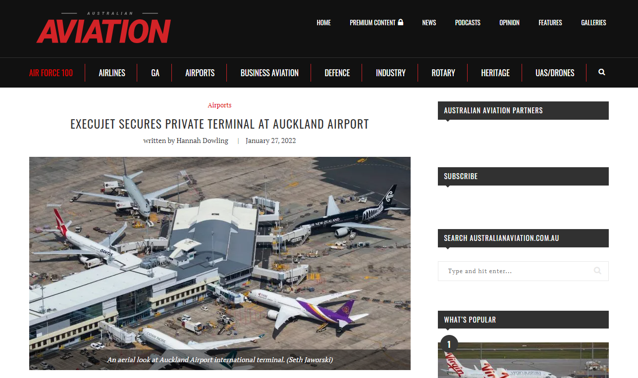 Australian Aviation - ExecuJet secures private terminal at Auckland ...