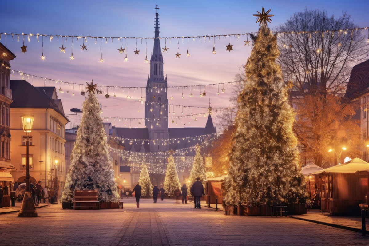 A dreamy, storybook-like street view of the Advent Zagreb Christmas Market in Croatia, featuring grand Christmas trees and twinkling lights, offering a magical atmosphere for luxury Christmas travel to European Christmas markets