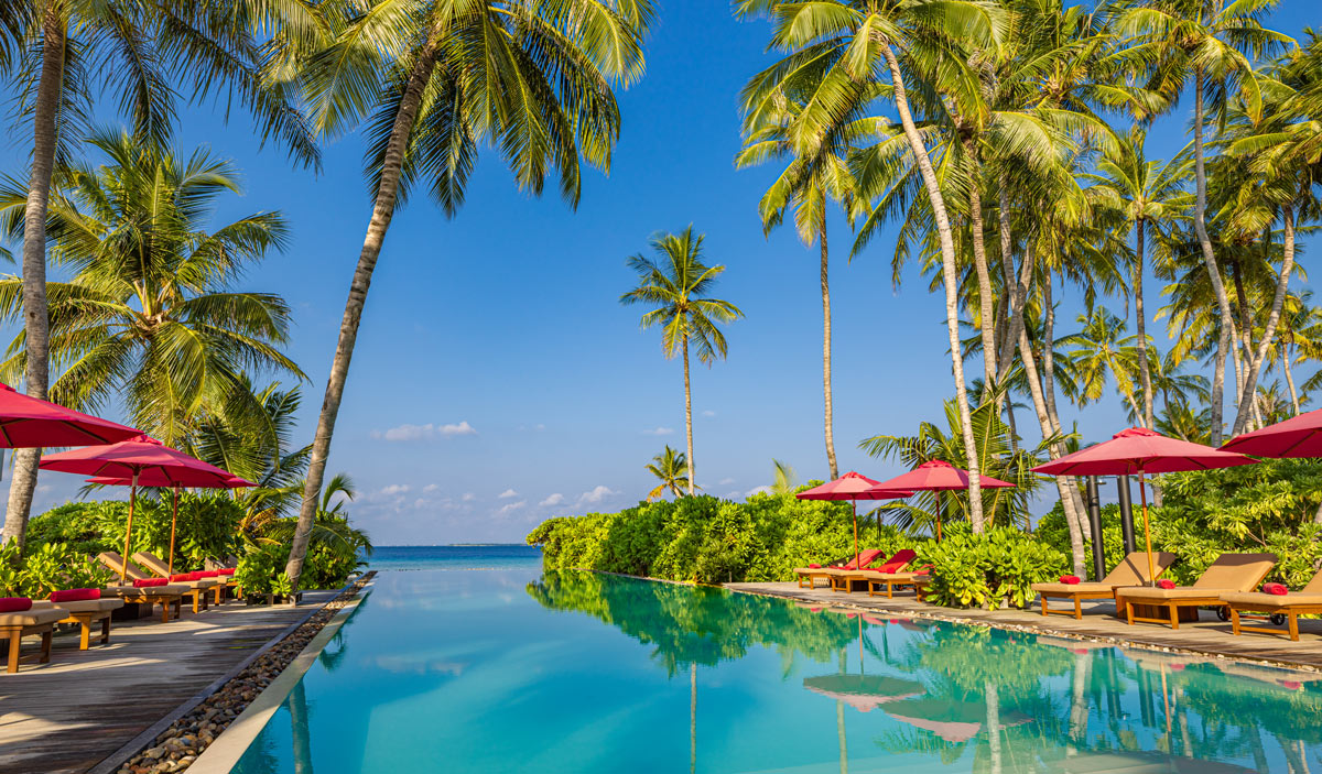 Poolside serenity with sea views, palm trees, and blue skies—discover warm winter destinations with private jet luxury travel.